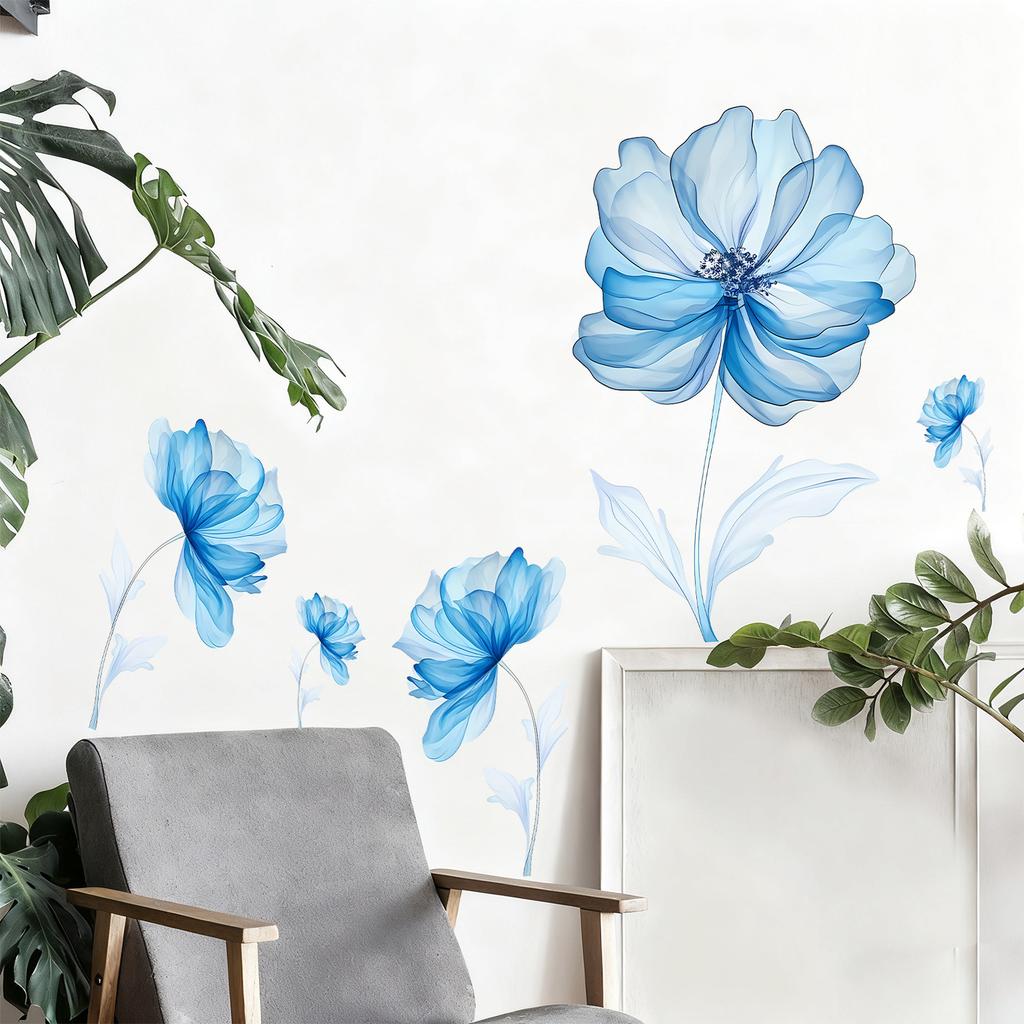 Light Blue Flower Wall Sticker for Bedroom Background Decor PVC Peel and Stick Decal