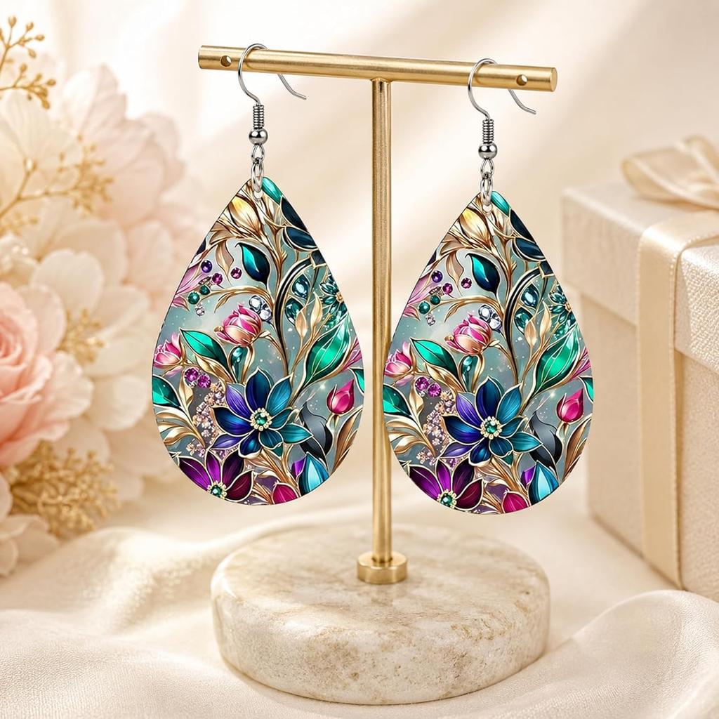 Flower Teardrop Earrings for Women Colorful Floral Teardrop Drop Dangle Earrings Unique Elegant Lightweight Double Sided Earring Summer Statement