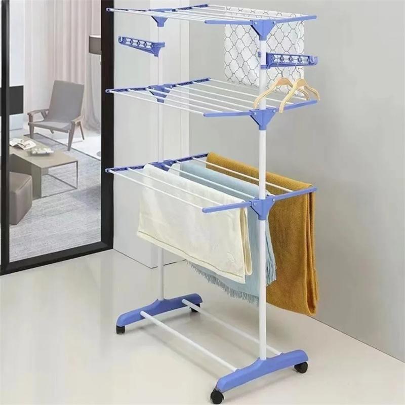Drying Clothes Rack Folding Multi Functional Stainless Steel 3-Layer Household Floor Type Drying Racks Mobile Coat Storage Shelf