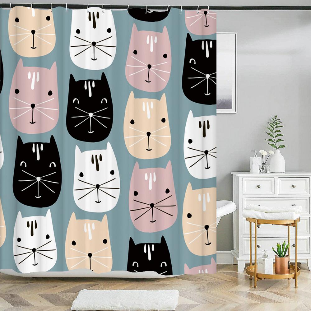 Cat Printed Shower Curtain Cartoon Animal Bath Curtains Bathroom For Bathtub Bathing Cover Shower Curtains with 12 Pcs Hooks