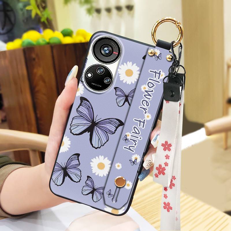 Anti-dust Wristband Phone Case For ZTE Blade V40S/Axon40 SE Flower Durable Fashion Design Ring Back Cover Silicone