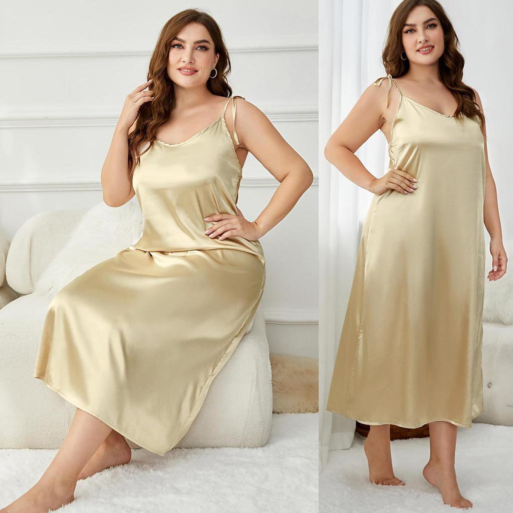 Women’s Plus Size Sling Nightgowns Satin Imitation Silk Pajama Dresses Oversized Sleepshirts Nightwear Large Size Home Casual Wear Lounge Dress
