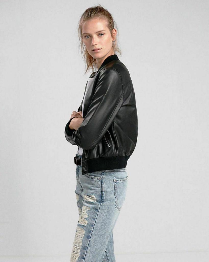 Noora Handmade Women's Black Genuine Leather Bomber Jacket, Women's Black Rib Style Motorcycle Bomber Jacket, Women Leather Jacket, Gift For Her
