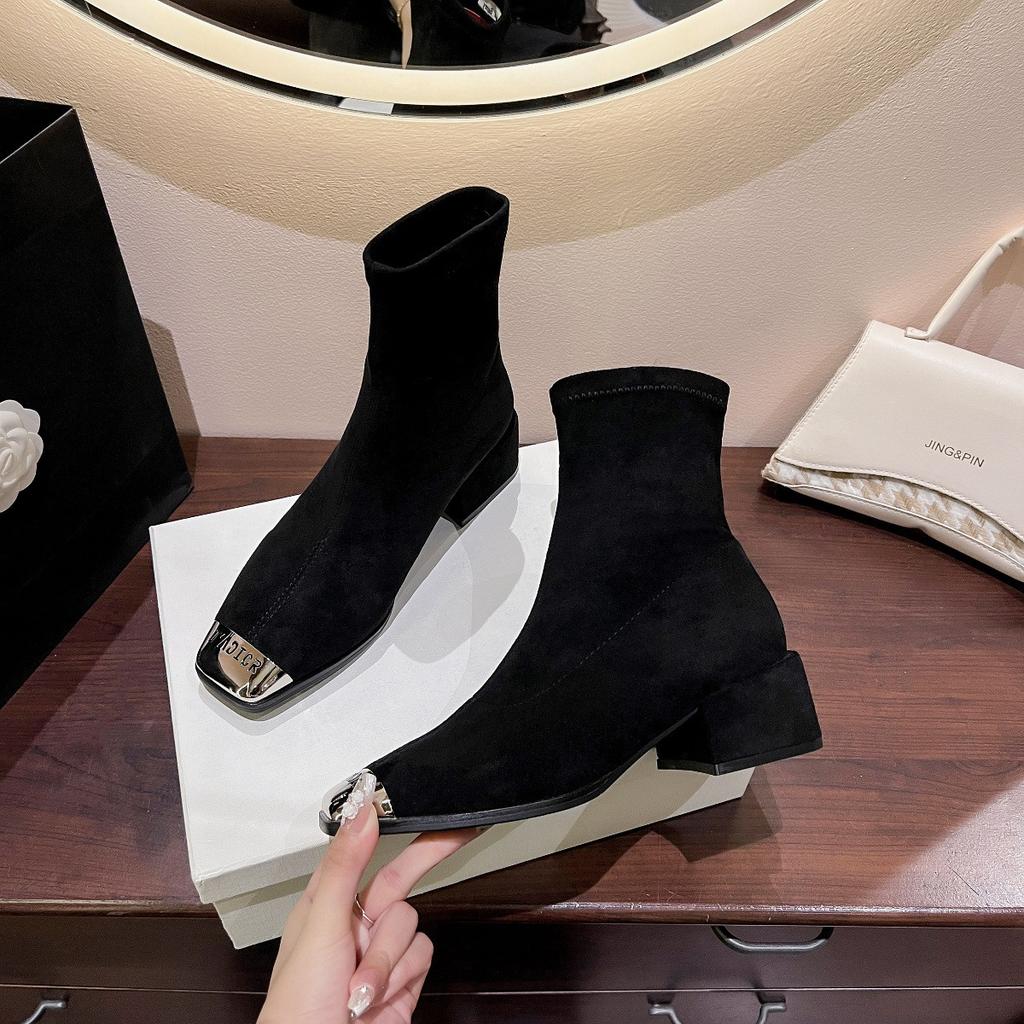 Suede Short Boots Women's 2024 Autumn New Foreign Thick Heel Metal Square Head Middle Heel Elastic Thin Socks Boots