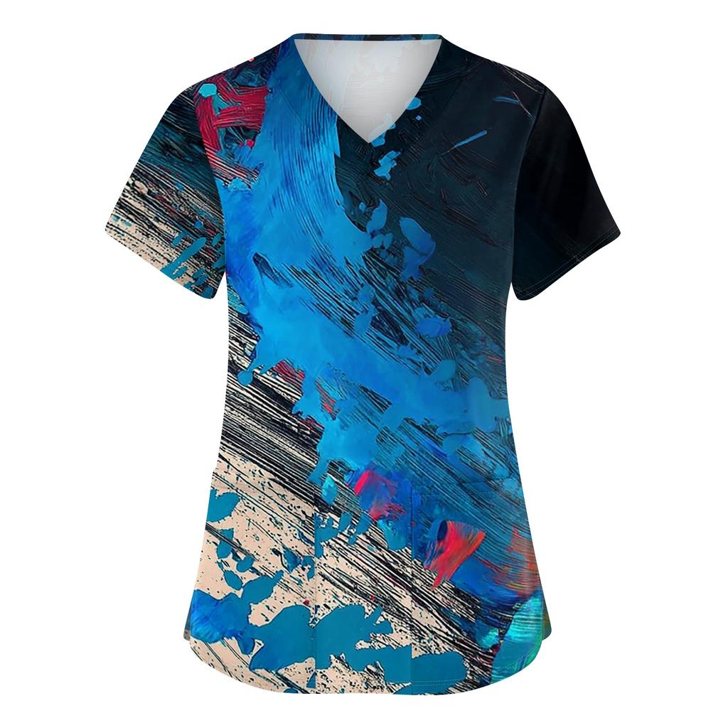 Textured Print V Neck Short Sleeve Medical Scrub Top with Double Pockets and Side Slit Hem for Healthcare Professionals