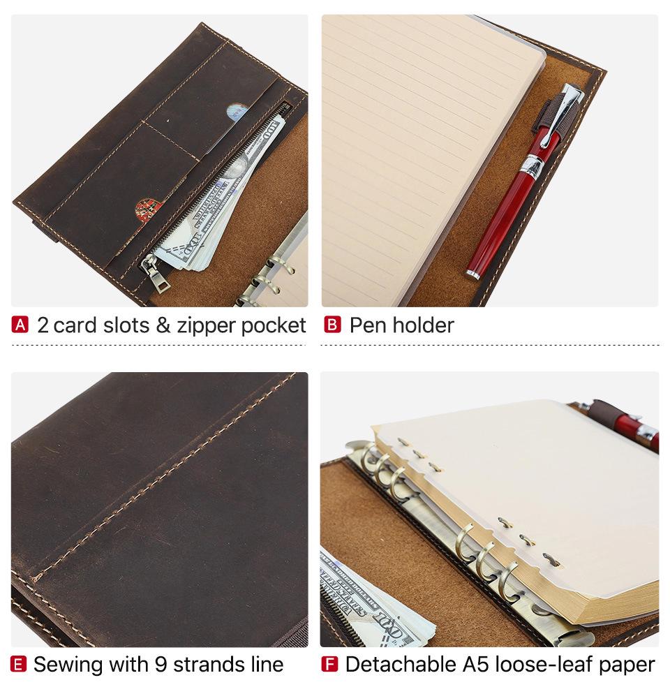 Handmade A5 Crazy Horse Leather Notebook with 6-Ring Binder & Replaceable Pages