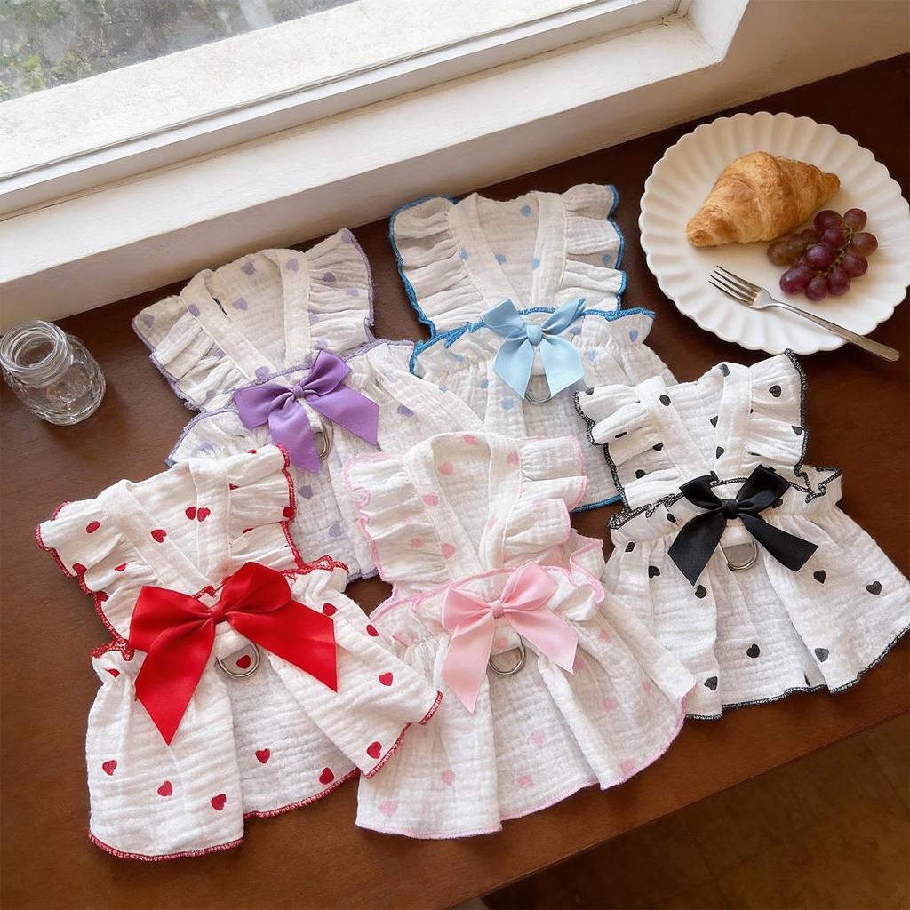 Heart Print Pet Dress with Bow, Breathable Cotton Dog Cat Clothes, Adjustable Pet Outfit with D-ring