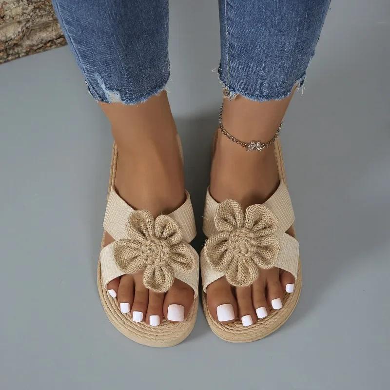 Fashion Women's Casual Slippers 2025Summer Bow Flat Weave Beach Flat Shoes Ladies Open Toed Flip Flops