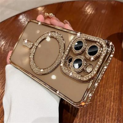 Funda Magnética con Brillo y Pedrería para Carga Inalámbrica para iPhone 16 15 14 13 12 11 Pro Max Plus Cubierta Joya a Prueba de Golpes