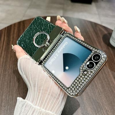 Custodia Pieghevole 3 Pezzi con Struttura Diamantata Per Samsung Galaxy Z Flip6 Flip5 Pelle Antiurto Supporto Anello Sottile Rigida PC Cover Telefono