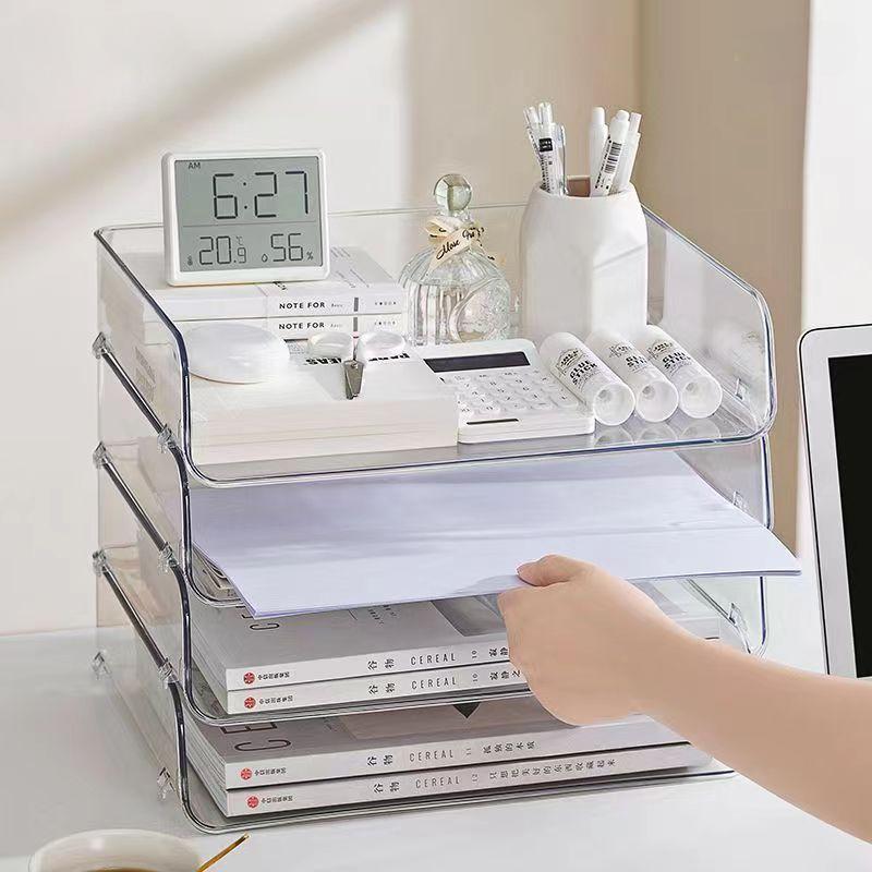 Simple Large Capacity Desktop File Tray Transparent Stackable Paper Holder Shelf A4 Document Paper Organizer Home Office