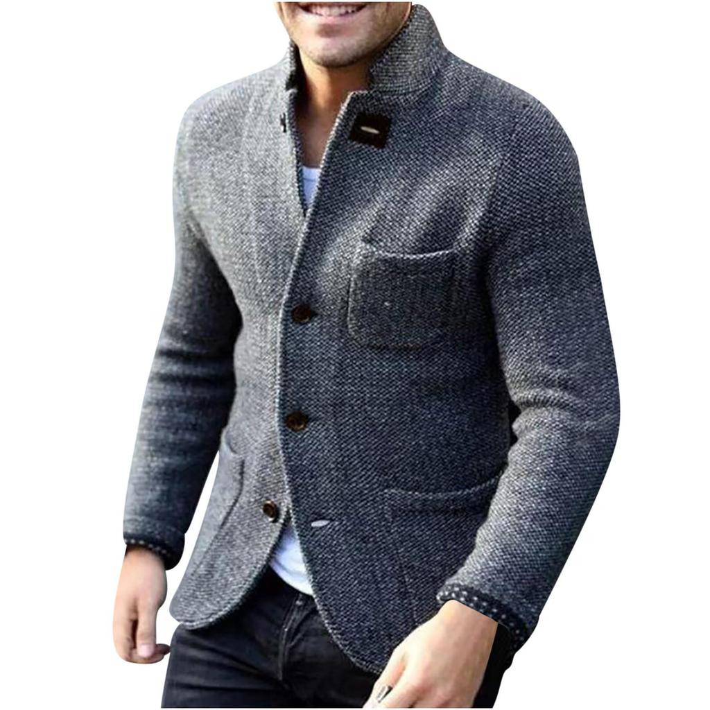 Men's Casual And Trendy British-style Solid-color Warm Cardigan Sweater, Men's Long-sleeved Button-up Stand-up Collar Sweater