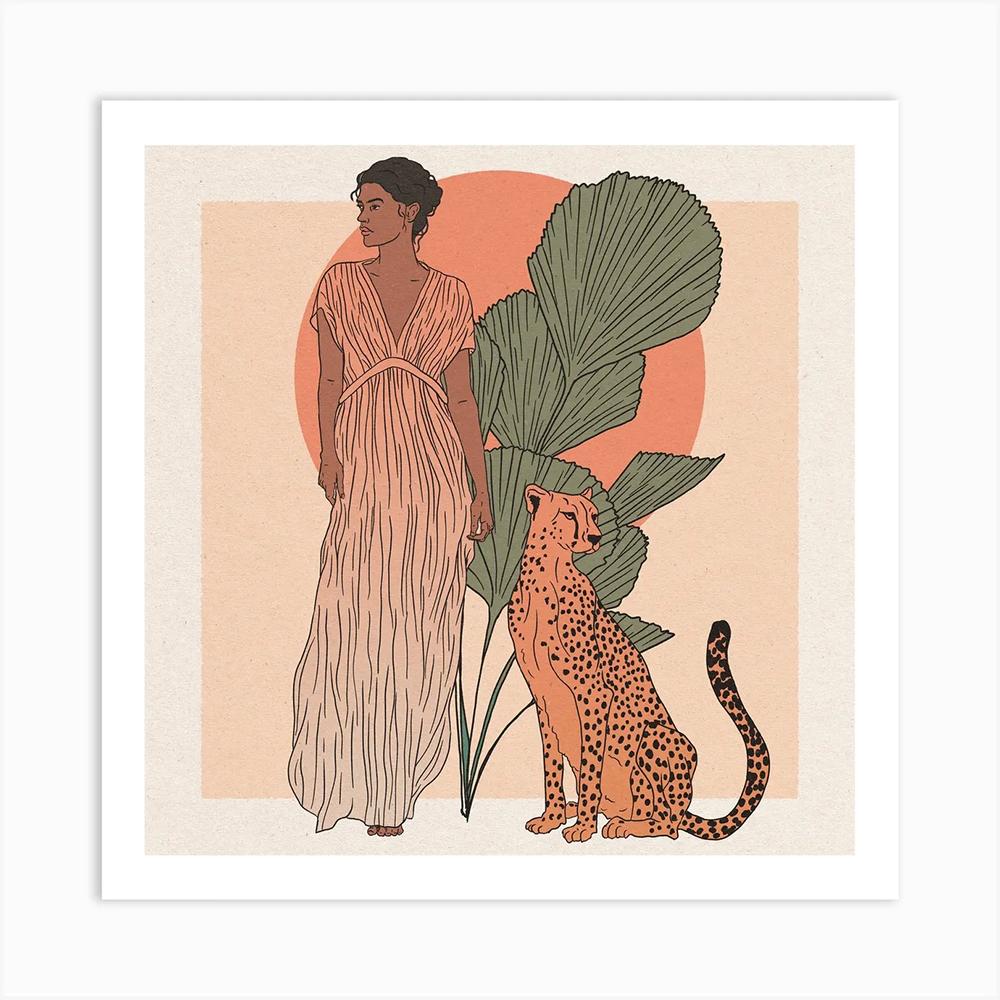 Square Poster Art Prints Boho Abstract Woman and Leopard Snake Nordic Retro Sun Face Mind Canvas Painting Living Room Home Decor
