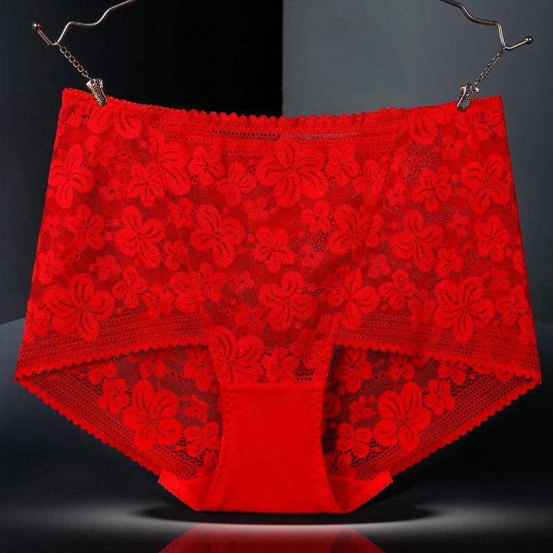 8992 Women's High-Waisted Cutout Lace Panties - Plus Size, Black/Red, Cotton Crotch