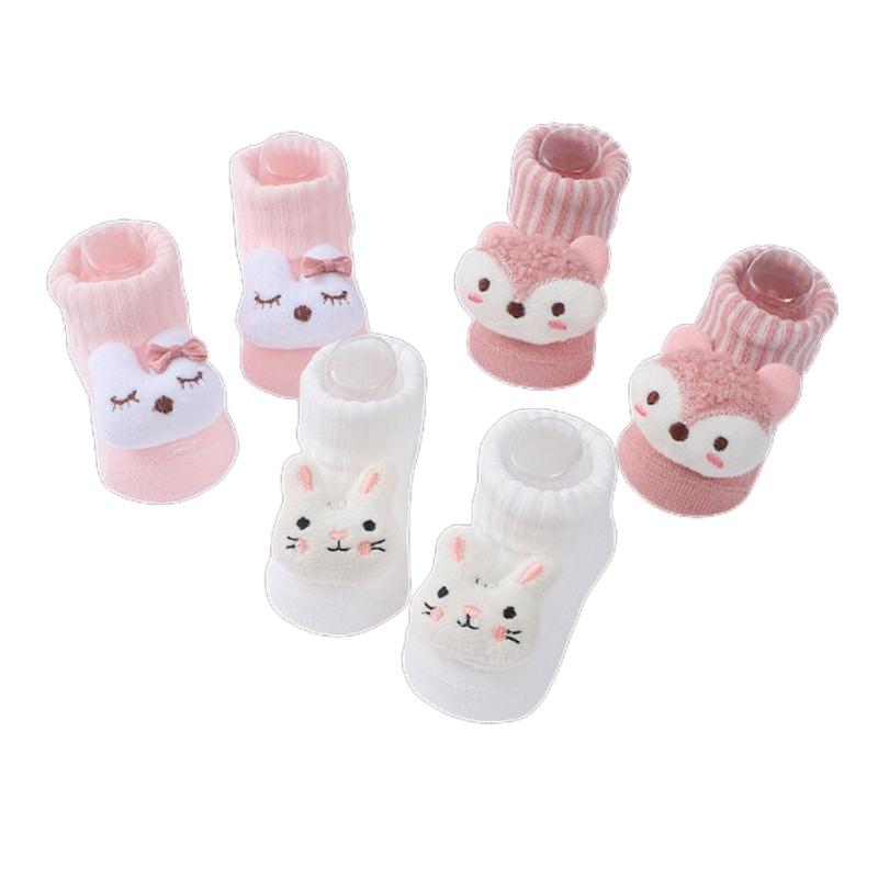 3 Paar Junge Mädchen Lauflernsocken Cartoon-Puppen Strickschuhe Bodenfußbekleidung