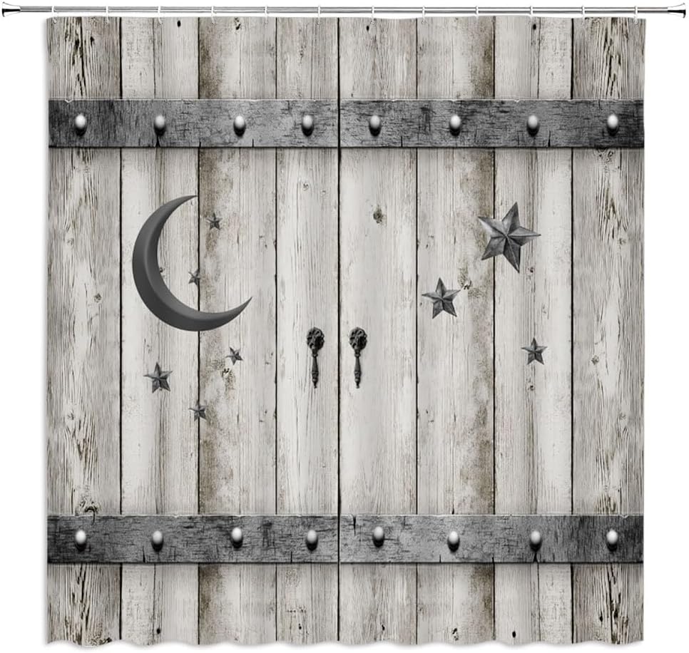 

Country Barn Door Shower Curtain Farmhouse Rustic Wood Islam Crescent Moon Star Modern Vintage Western Country Grey Wooden W60H190(CM)-1 Pcs