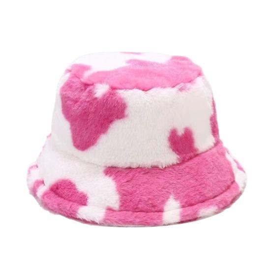 Faux Fur Fisherman Bucket Hat Milk Cow Pattern Warm Cozy Fluffy Bucket Hat Christmas Thanksgiving Headwear