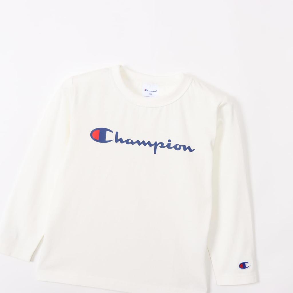 Champion Long Sleeve Crew Script Size 110 Kids' T-Shirt, Neck, 100% Cotton, Logo, Basic, Off-White, (CK-Y402)