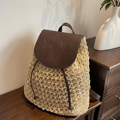 Mochila de Paja para Mujer Verano Boho Bohemio Calado Bolso de Hombro Hobo Tejido a Crochet Bolsos de Viaje para Mujer Mochila de Playa de Punto