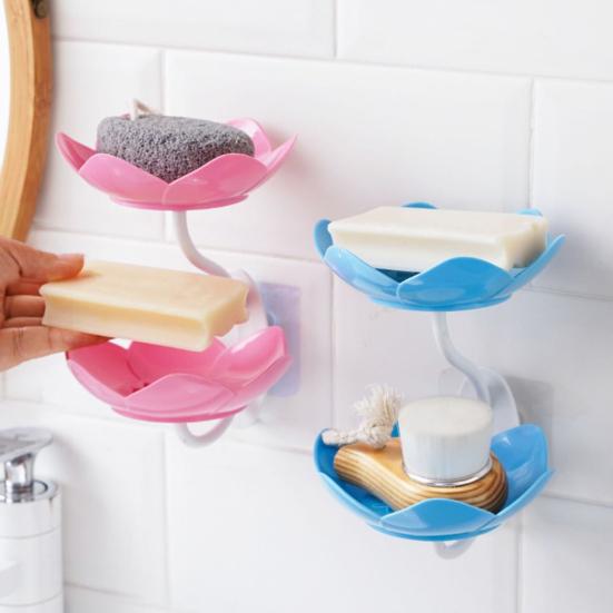 3Pcs Wall Mount Lotus Soap Dish Double Layers Quick Drain No Drill