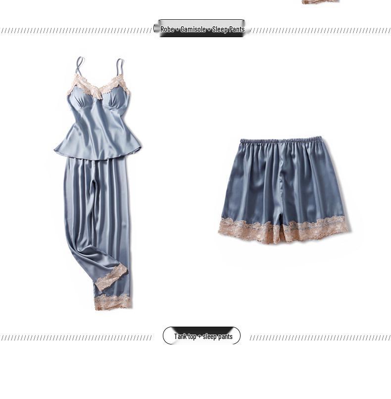 Women's Sexy Spring & Autumn Silk Pajamas 5-Piece Set: Thin Summer Ice Silk Nightdress & Robe with Chest Pad.