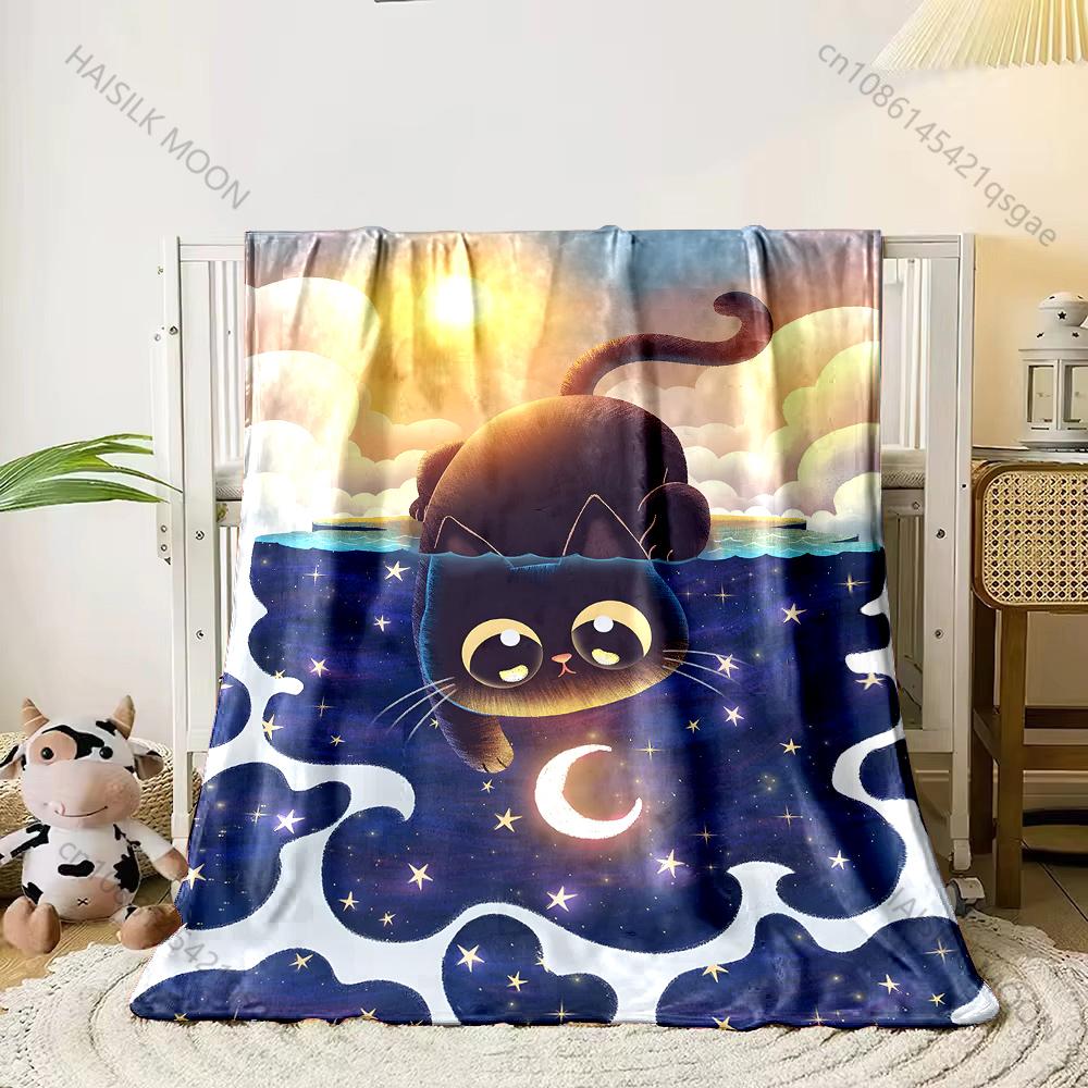 1PC Black cat gazes stars Print Adult Children Warm Blankets Home Travel Car Soft and Comfortable Suitable for all seasons