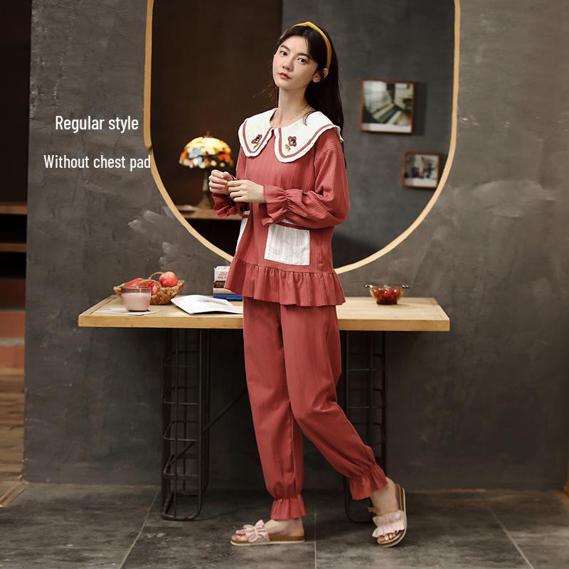 Women's Pure Cotton Long-Sleeve Pajama Set with Chest Pads - Large Size, Spring/Autumn 2025