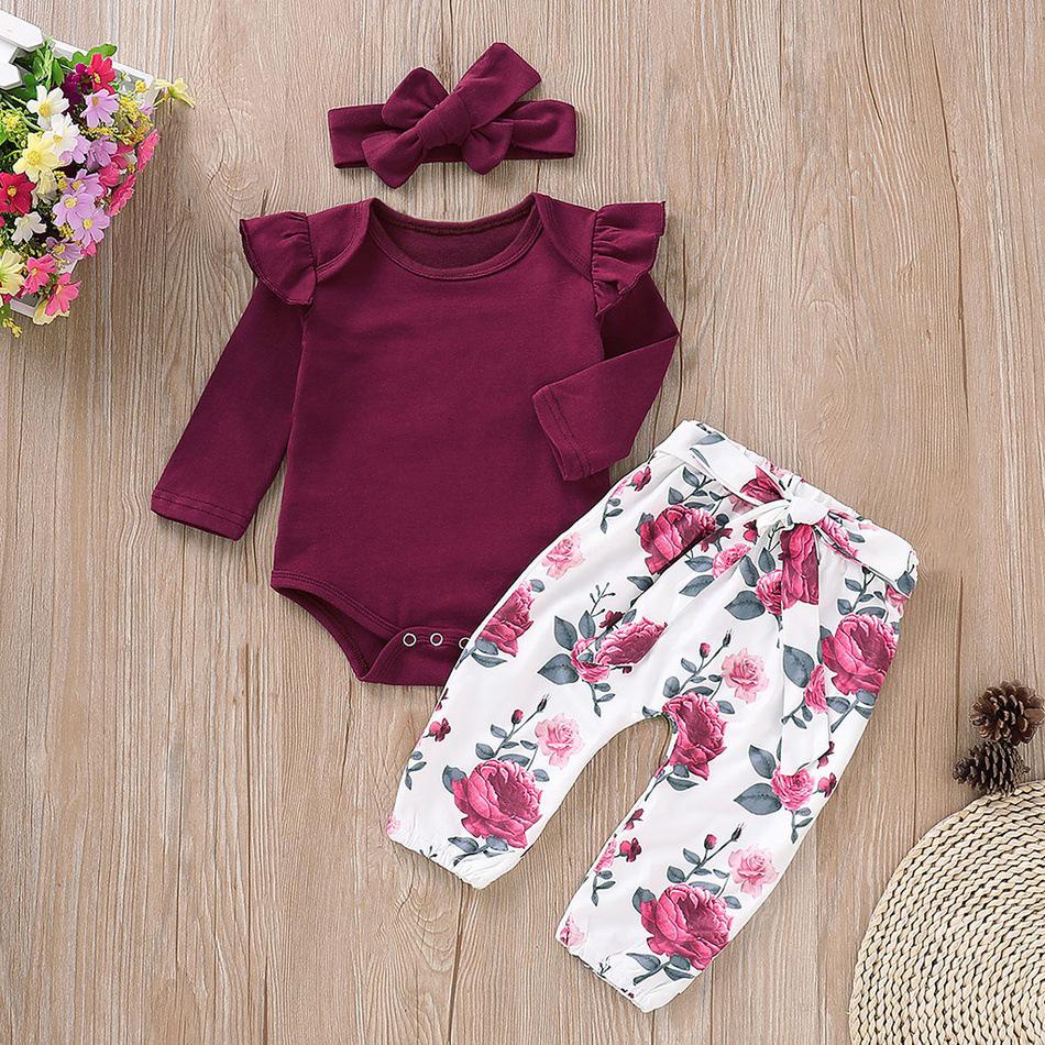 Ins Cute Wine Red 3-Piece Children's Set: Romper, Floral Pants, Headband