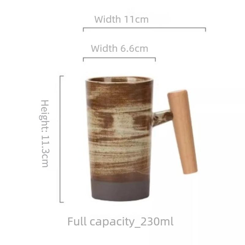 Ceramic Mug Wooden Handle Coffee Cup Vintage Kiln Variation Pottery Large Capacity Tea Water Cup for Home Office Kitchen