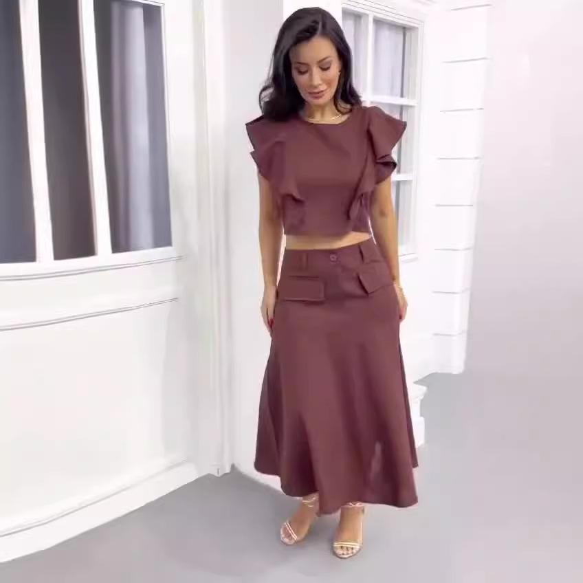 2024 European & American Summer Ruffle Sleeve Crop Top and High Waist Midi Skirt Set