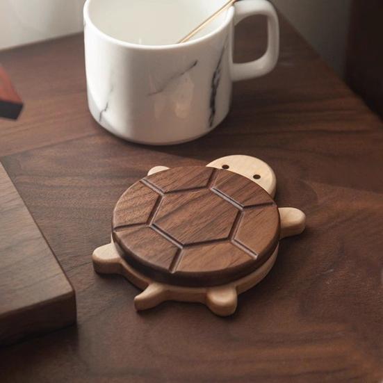 Walnut Turtle Coasters Wooden Kettle Tea Coaster Heat-Resistant Dining Plate Mat Drink Holders for Hot Cold Beverages Home Office Decoration