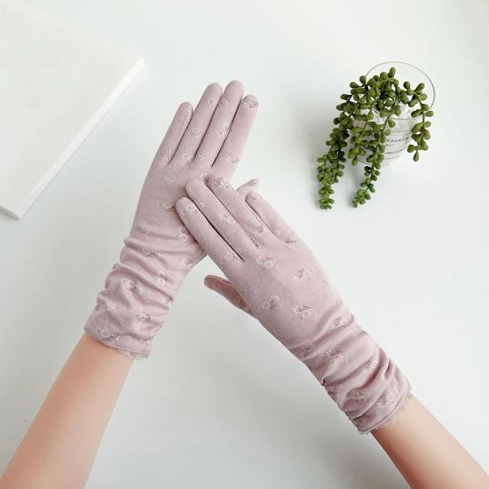 1 Pair Floral Print Anti-slip Palm Driving Gloves Full Finger Lace Stitching Wrist Extended Girls Outdoor Riding Sunscreen Mittens Cycling Accessories