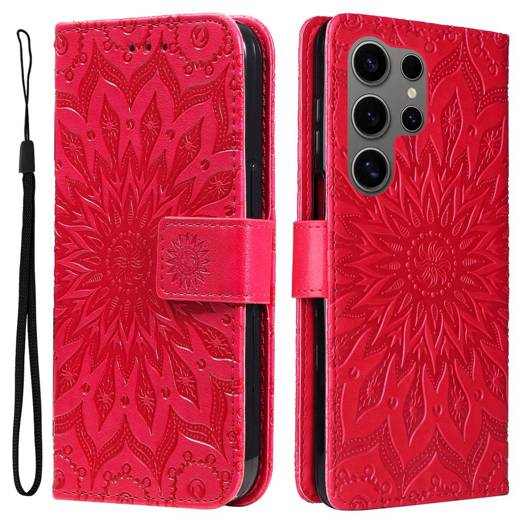 For Samsung Galaxy S25 Ultra Phone Case Sunflower Imprinted Leather Wallet Stand Cover with Strap