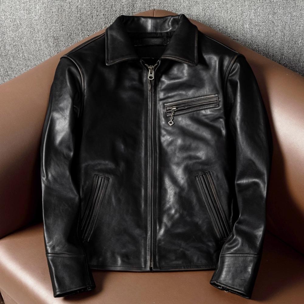 Retro Hand-matched Head Layer Tea Core Horse Leather Short Slim Fit Men's Genuine Leather Jacket Jacket