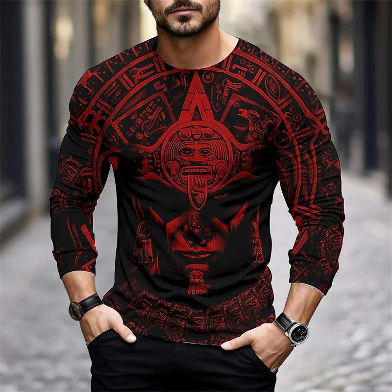 Round Neck 3D Aztec Graphic Printed Casual Long Sleeved Men's T-shirts - Soft Medium Stretch Polyester Fabric Spring and Autumn Relaxed Fit Clothing