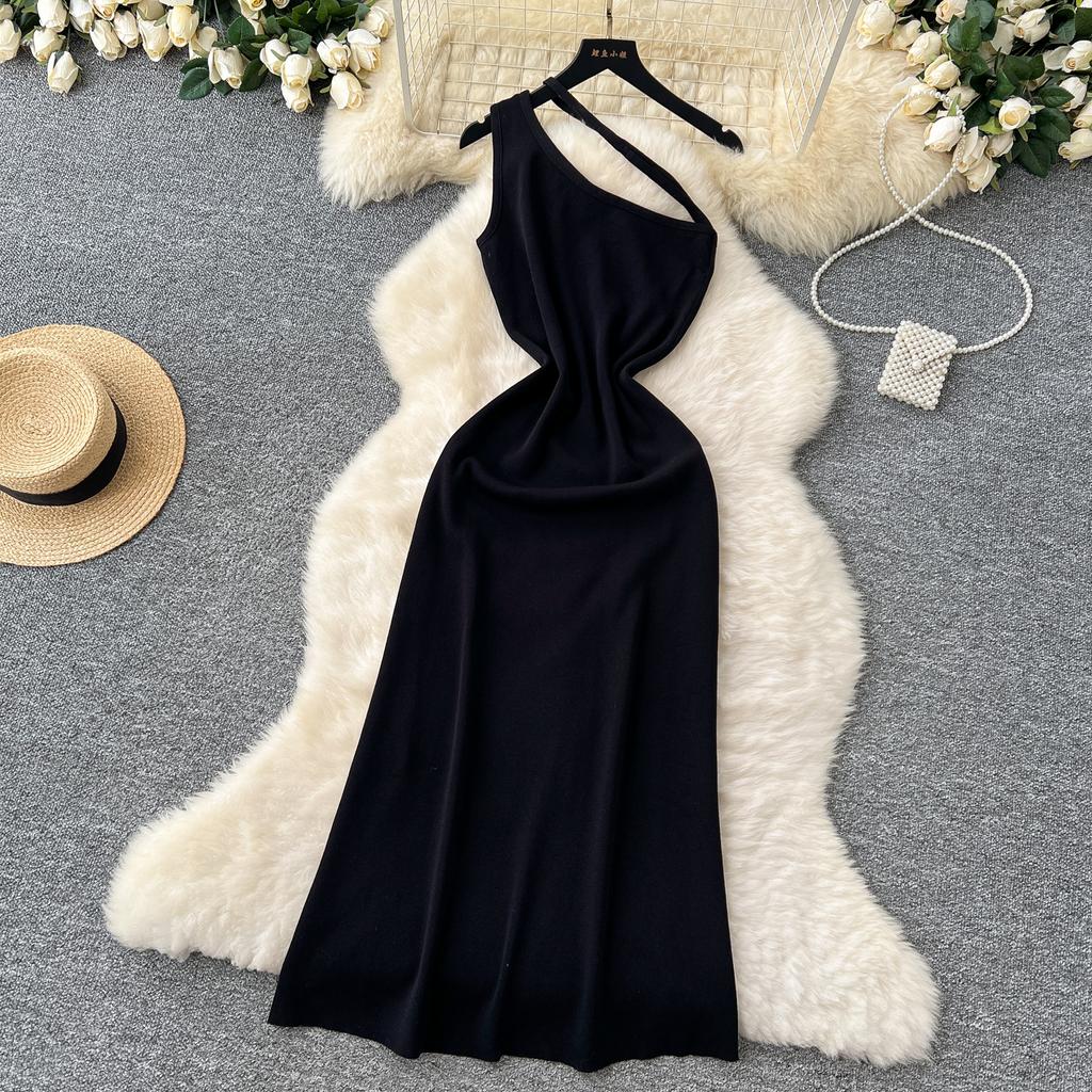 Elegant Ruffle Sexy High Waist Hollow Out Slash Neck Sleeveless Knit Dress Vacation Dresses Slim Women Party Ceremonial Dress