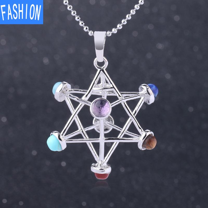 Religiøst Mysterium Tredimensjonalt Utskåret Melkaba Heksagram Energi Geometrisk Krystall Anheng Halskjede Syv Chakraer