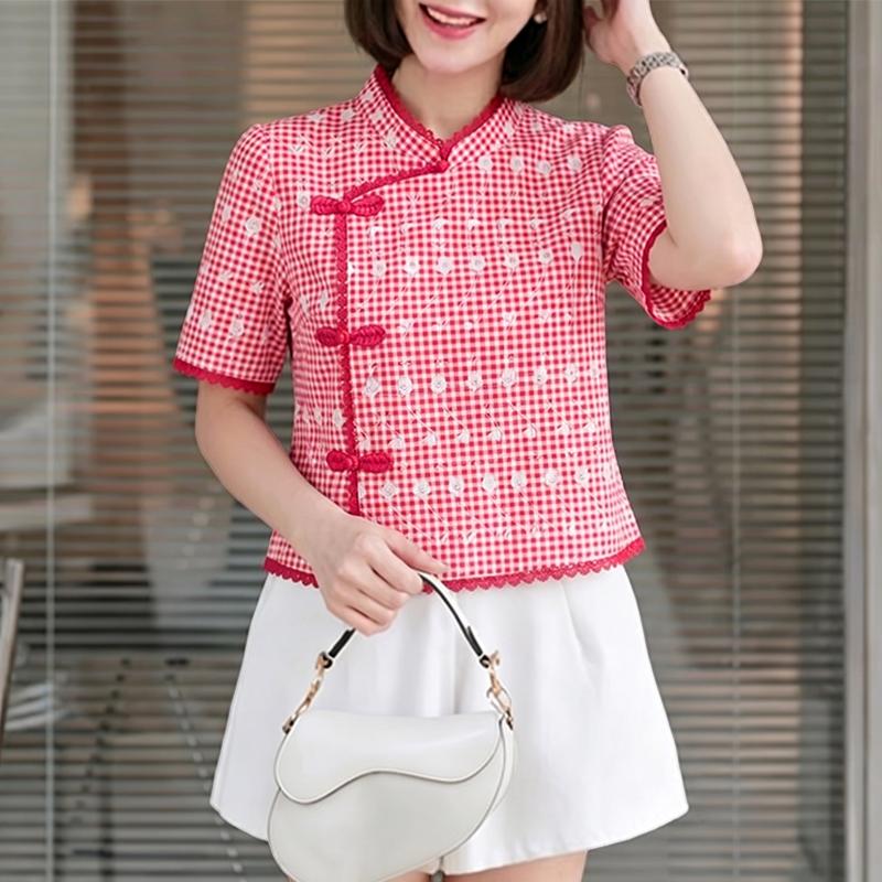 ZANZEA Women Elegant Stand Collar Short Sleeve Print Blouse M красный