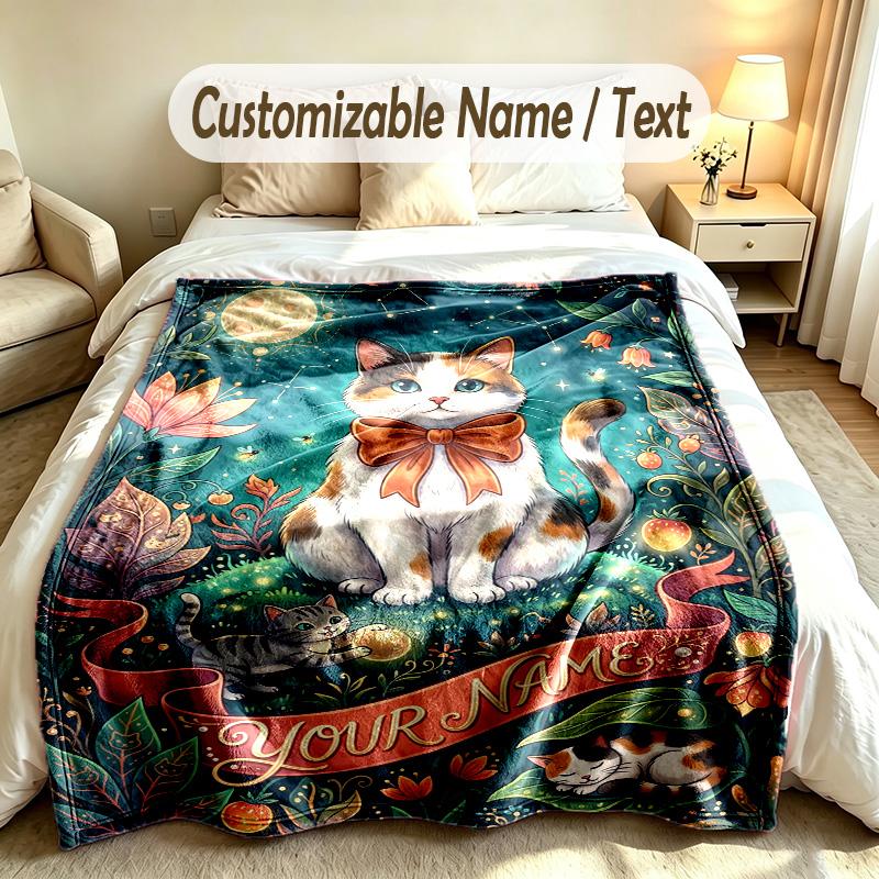 Cat Theme Soft Blanket Personalized Custom Name Text Print Warm Blanket Home Sofa Bedroom Decor