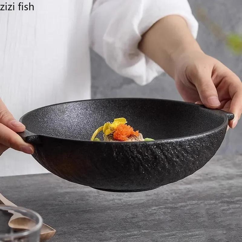 Solid Color Ceramic Double Ear Bowl Large Capacity Noodle Bowl Soup Bowl Salad Bowls Snack Bowls Restaurant Creative Tableware