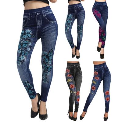 Legginsy Fitness z Wysokim Stanem, Wieloma Kieszeniami, Nadrukiem Motyli i Kwiatów, Push Up, Imitacja Dżinsów, Obcisłe, Damskie Spodnie do Jogi, Odzież Sportowa