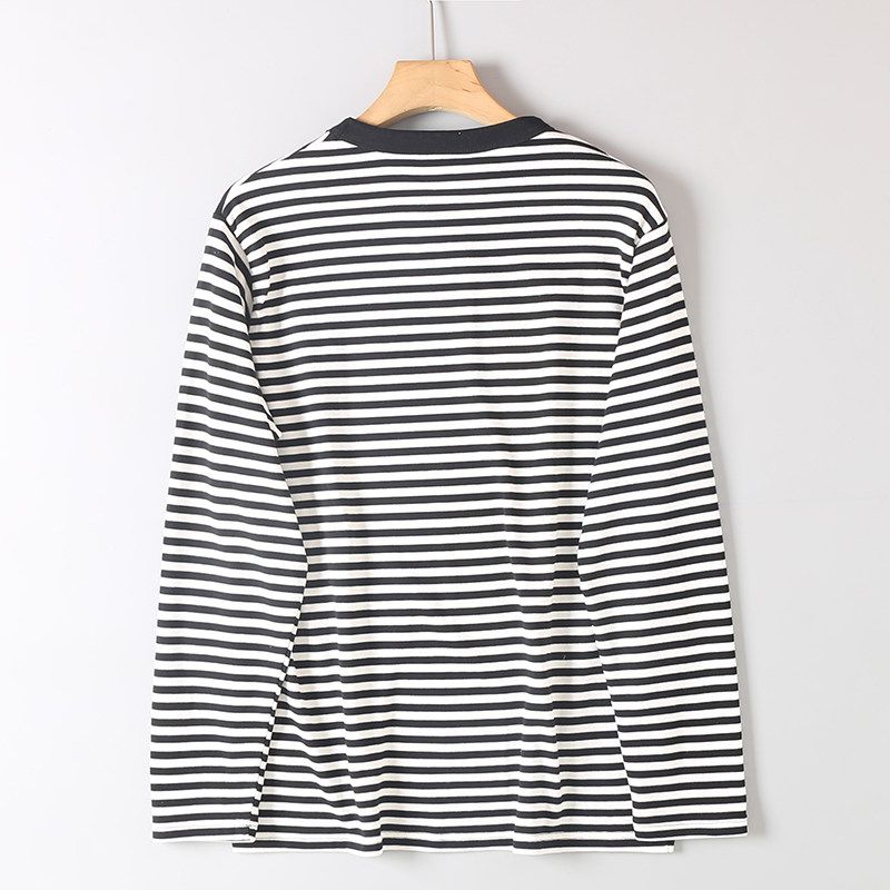 Men's Loose Casual Round-Neck Long-Sleeve T-Shirt Made of 100% Cotton, Washed, Double-Sided, Yarn-Dyed Striped Sailor Shirt, Suitable as a Base Layer
