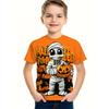 Round Neck 3D Pumpkin Printed Top Fashionable Short Sleeved Children's Boy T-shirts - Soft Medium Stretch Polyester Fabric Summer Relaxed Fit Clothing