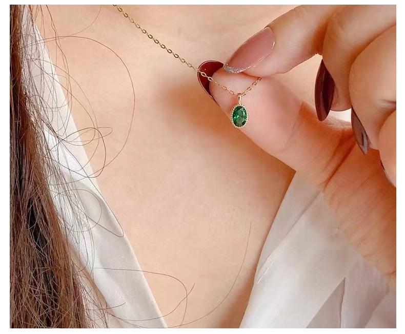 14K Gold-Plated Sterling Silver Necklace with Oval Emerald Pendant - Luxury Clavicle Chain for Women