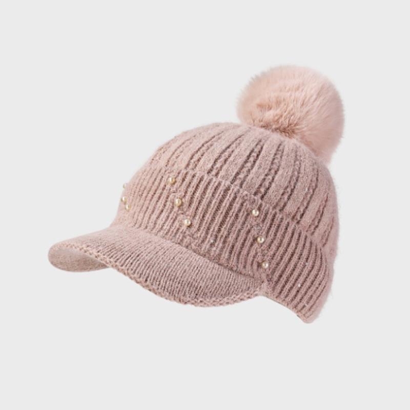 

Бейсболка из кроличьего меха женская с жемчугом, вязаная кепка-утка с толстым помпоном, защита ушей, теплая шапка розовый