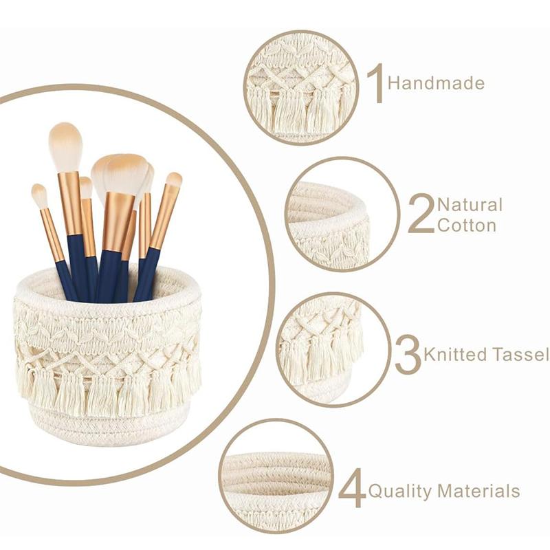 LMETJMA Macrame Makeup Organizer Boho Wicker Pencil Holder Makeup Brush Holder Organizer Comb Brushes Mini Storage Basket