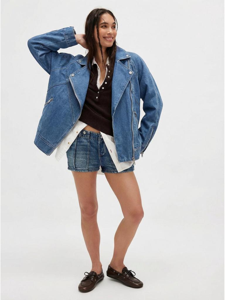 2026 Spring European & American Style Women's Washed Blue Denim Motorcycle Jacket - Casual & Versatile