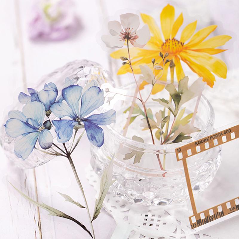 30 Pcs Film and Flowers Plant Stickers Pack Creativity PET Decorative Sticker for DIY Diary Scrapbooking Junk Journal Supplies