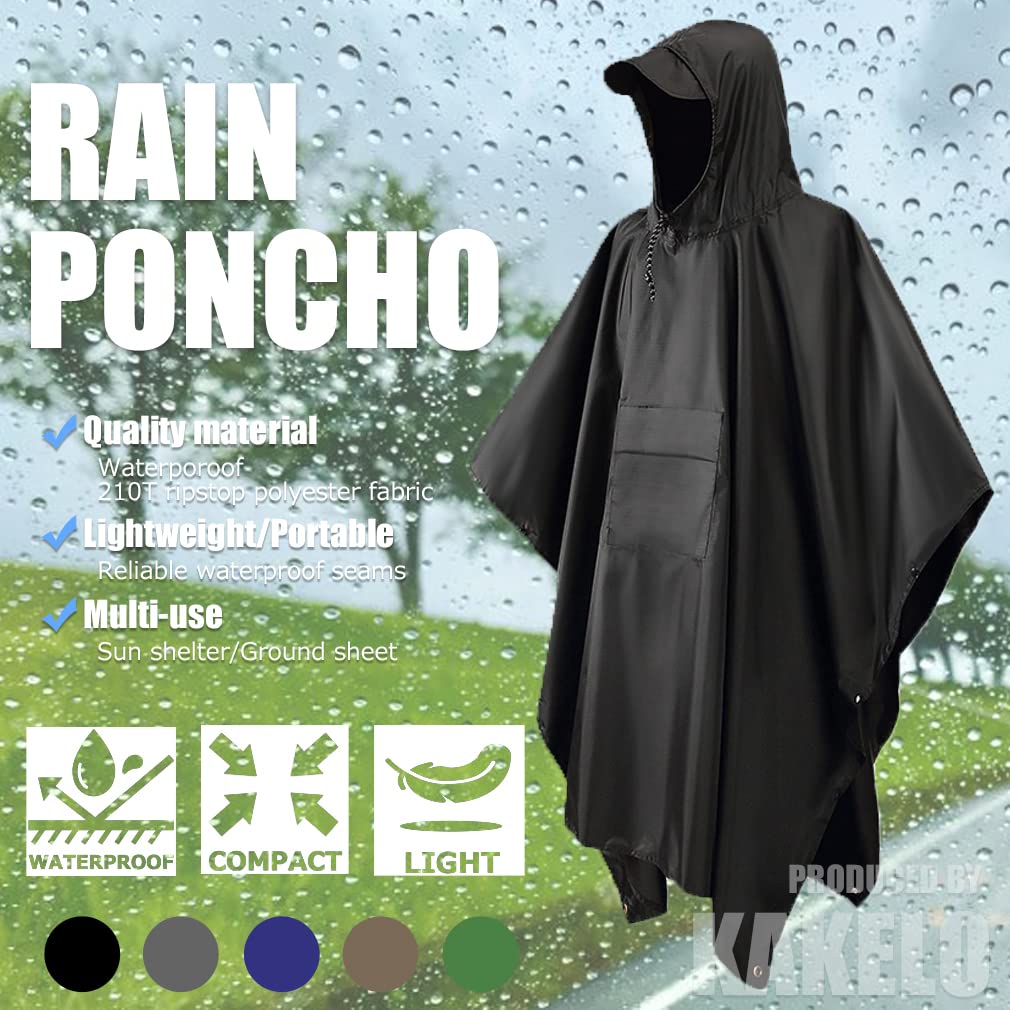 KAKELO Rain Solid Simple Design Men's 3-Way Poncho, Color, (Black)