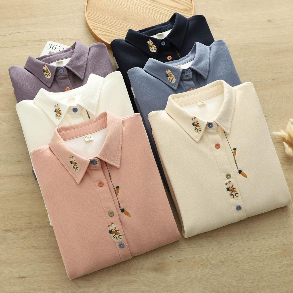 Women's Warm Autumn/Winter Velvet Shirt with Artistic Rabbit & Radish Embroidery